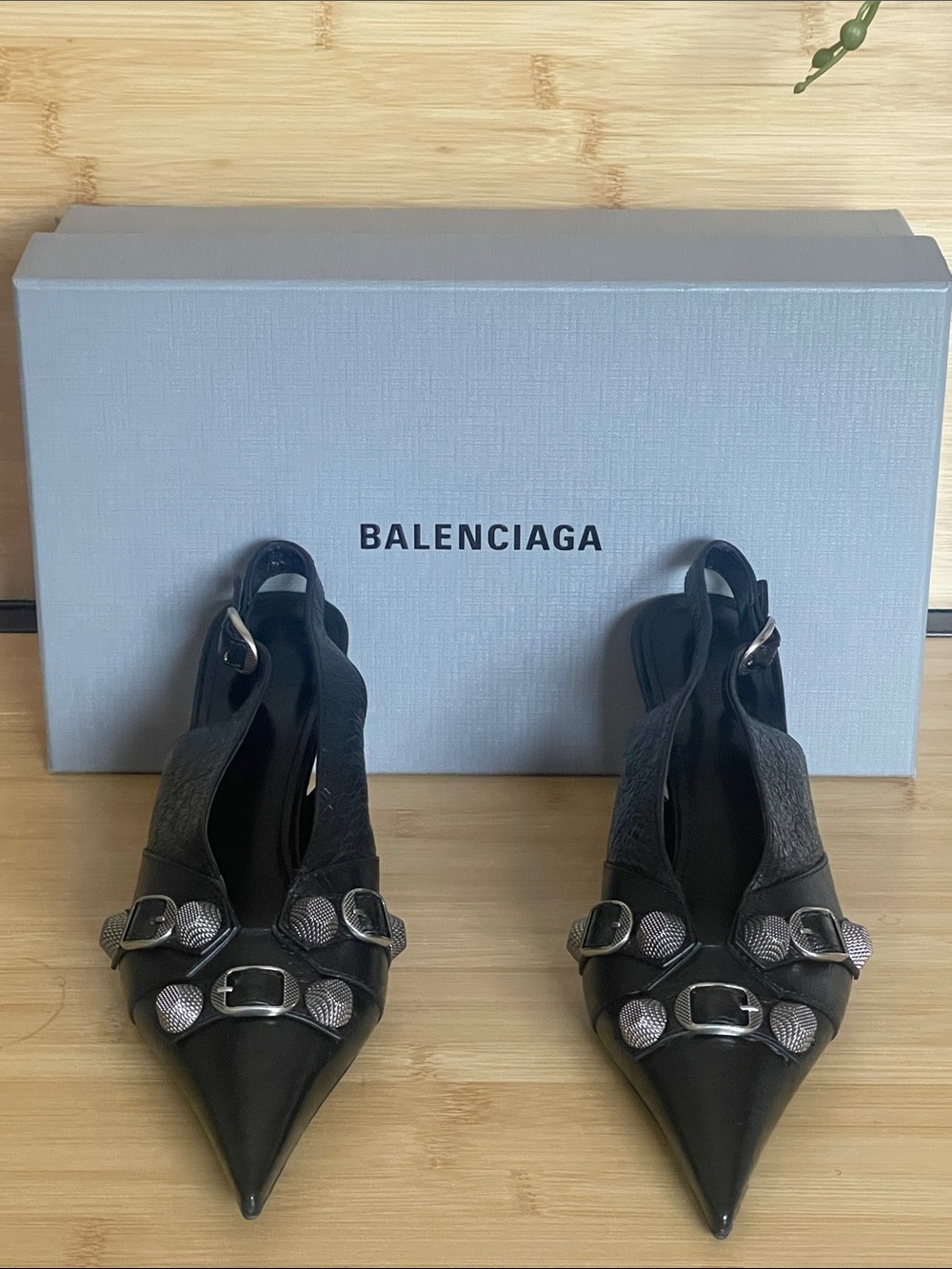 Balenciaga Black Pointed Slingback Heels with Silver Buckle Accents - Picture 1 of 13